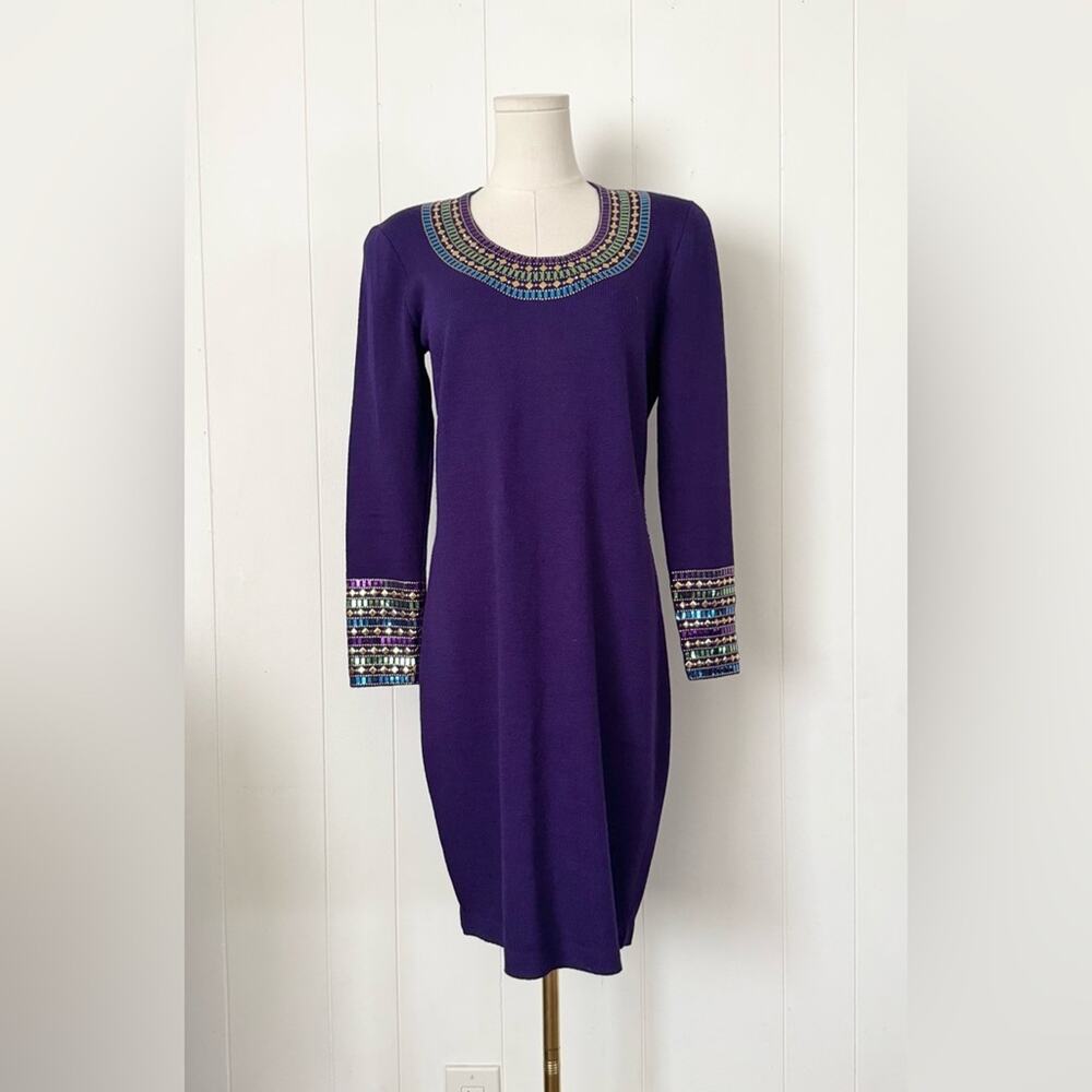 St. John Evening Marie Gray Vintage Tweed Knit Dress Purple Faux Stamp Jewel